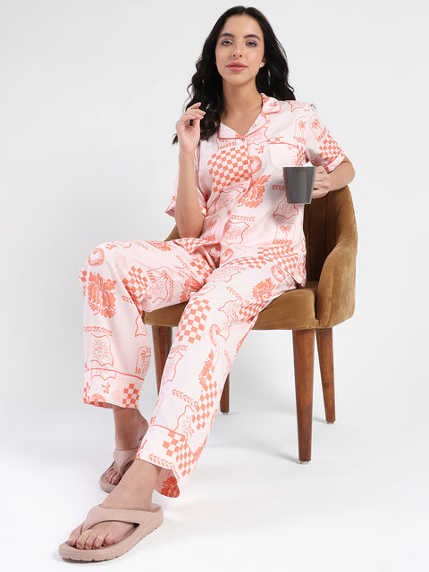 mSECRET Geometric Print Top and Bottoms Coral Pink Nightsuit