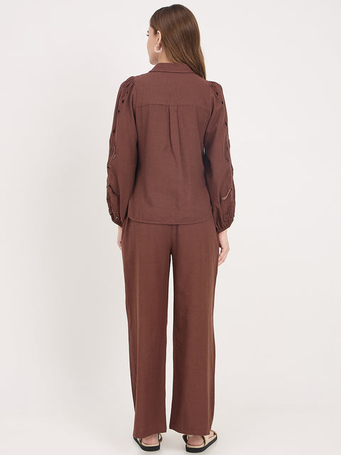 Madame Brown Cotton Rayon V-Neck Bishop Sleeve Co-ord Set