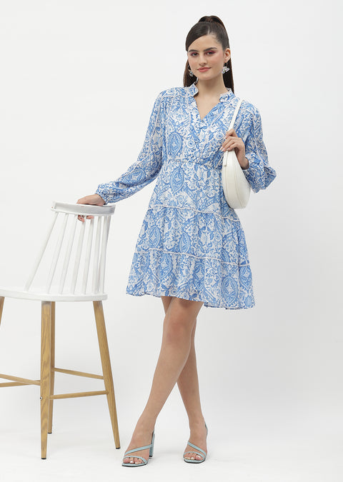 Madame Tiered Lace Detailed Blue Mini Dress