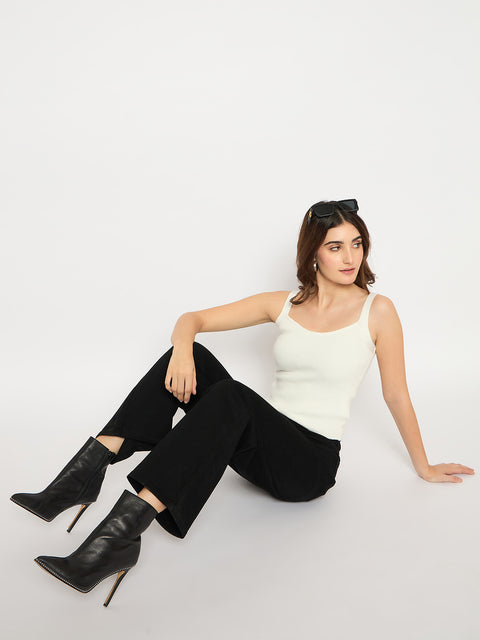 Madame Sleeveless Solid White Ribbed Knit Sweater