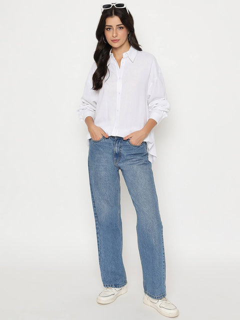 Madame Linen Blend Solid White Shirt