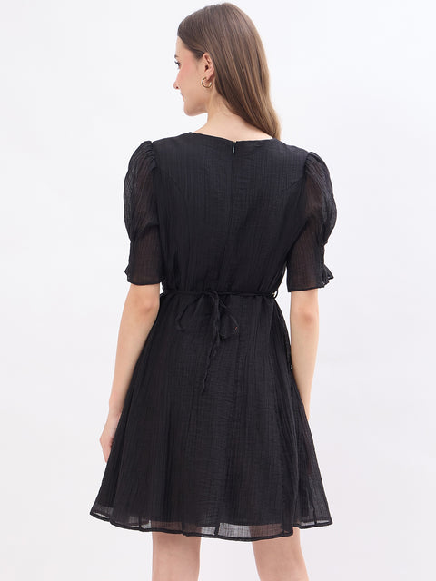 Madame Textured Black Lyocell Blend Fit and Flare Dress