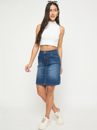 Madame Stone Wash Mid Blue Cotton Blend Mini Denim Skirt