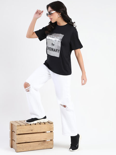 Madame Swarovski Detailed Graphic Print Black Cotton T-shirt