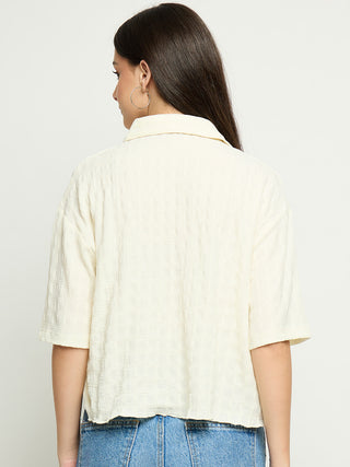 Madame Textured Pocketed Off White Shirt