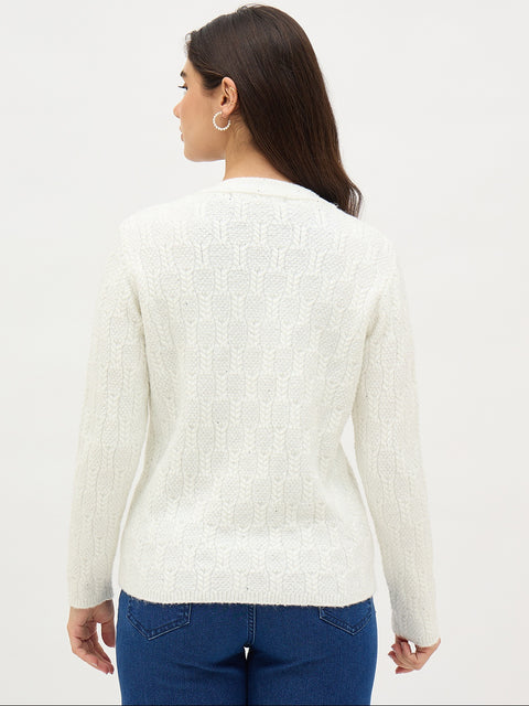 Madame White Self Design Cardigan