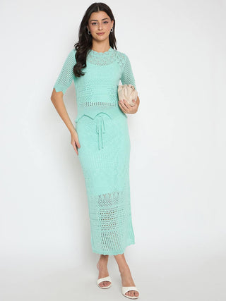Madame Semi Sheer Top and Skirt Powder Blue Knitted Co-ord Set