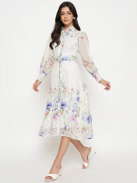 Madame Floral Print Belted White Shirt Dress