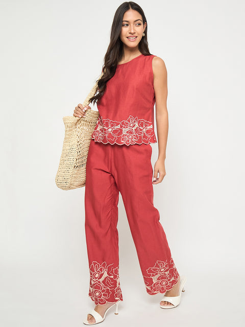 Madame Floral Embroidered Hem Top and Bottom Rust Red Co-ord Set
