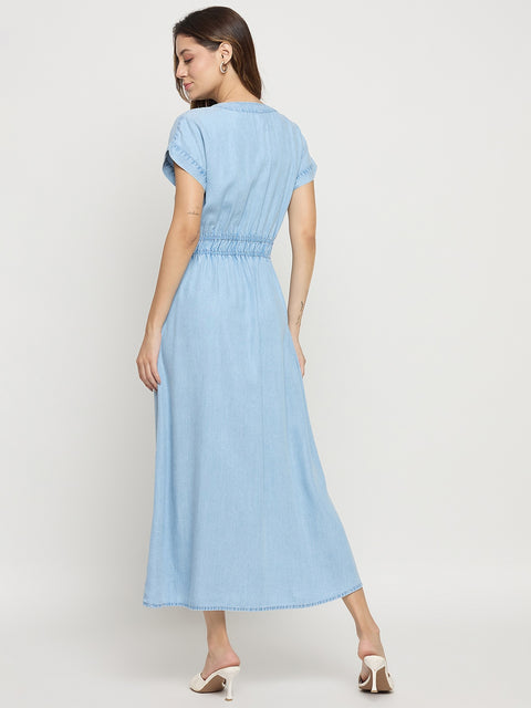 Madame Ice Blue Tencel V-Neck Short Sleeve A-Line Midi Dress