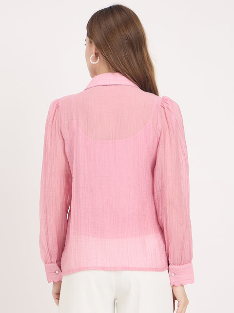 Madame Pink Lace Detail Lyocell Puff Sleeve Shirt