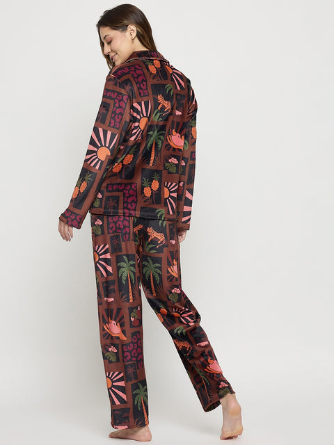 mSECRET Brown Printed Full Sleeve Night Suit
