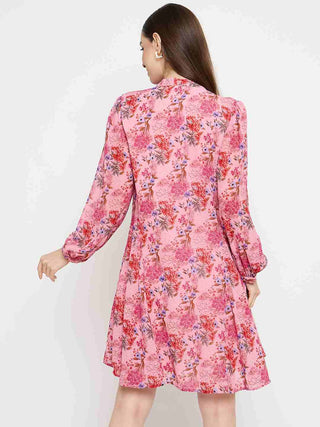 Madame Pleated Floral Pink Mini Shirt Dress