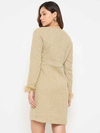 Madame Square Neck Beige Bodycon Dress with Feather Trim Sleeves