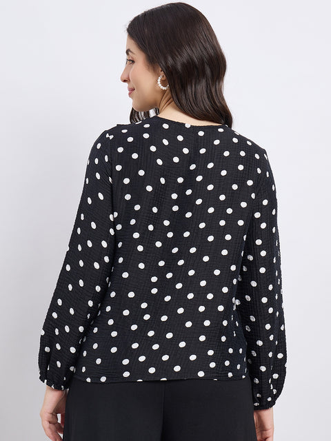Madame Black Polka Dot Print Ruffle Collar Top