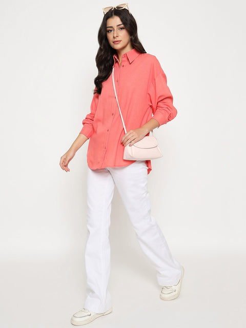 Madame Linen Blend Solid Light Coral Shirt