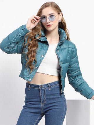 Madame Cropped Aqua Quilted Puffer High Neck Jacket