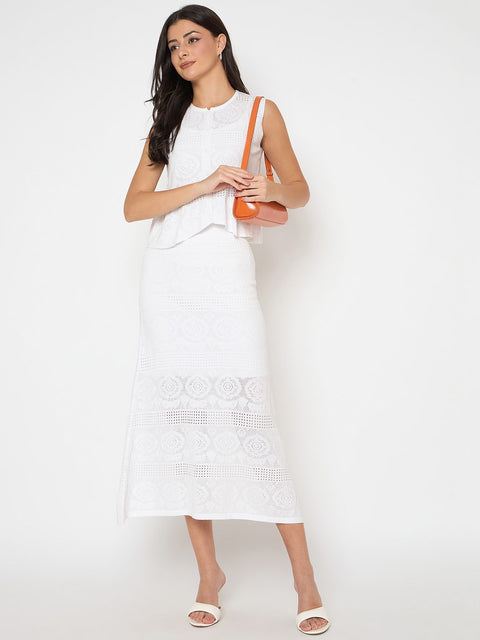 Madame Viscose Blend Top and Wide Leg Bottoms White Knitted Co-ord Set