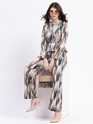 Madame Knit Moss Printed Belted Top And Bottom Beige Co-Ord Set