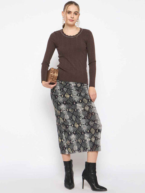 Madame Scalloped Neck Solid Brown Sweater