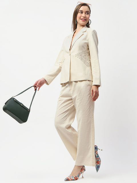 Madame Patchwork Detailed Solid Beige Blazer