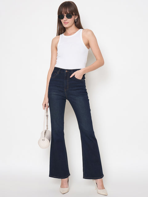 Madame Cotton Blend Stone Wash Mid Night Blue Flared Jeans