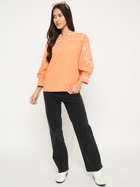 Madame Embroidered Split Crew Warm Amber Cotton Top