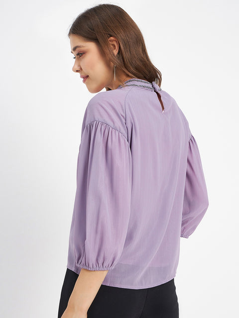 Madame Embellished Neckline Turtle Neck Solid Mauve Top