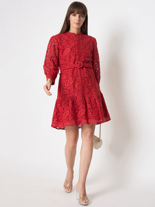 Madame Sheer Embroidered Belted Mini Red Mesh Dress