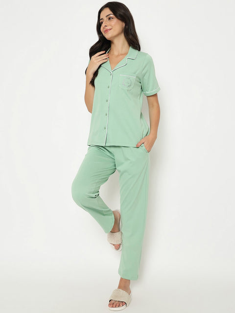 mSECRET Embossed Top and Bottom Mint Green Cotton Night Suit