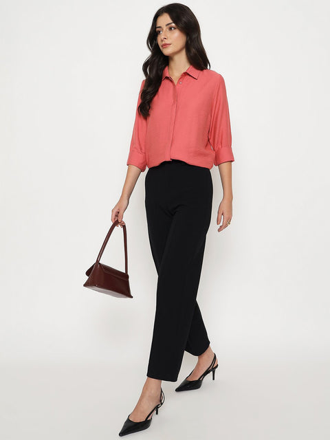 Madame Textured Solid Brick Red Rayon Blend Shirt