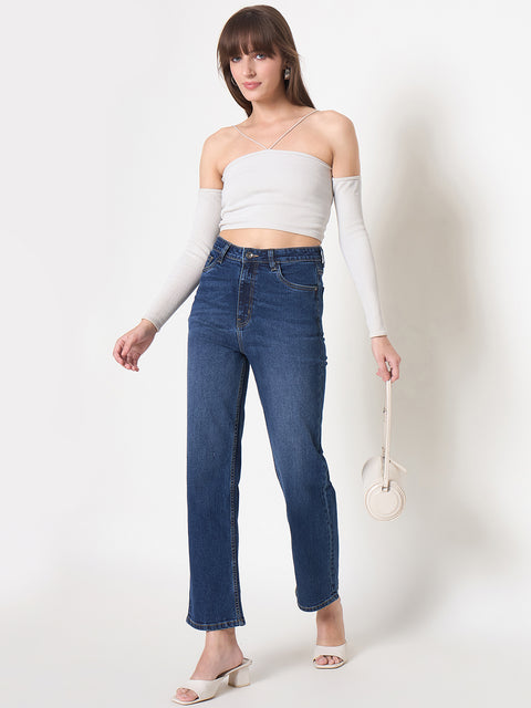 Madame Cotton Blend Rolled Hem Dark Blue Straight Jeans