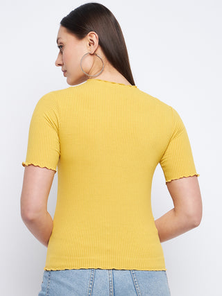 Madame Solid Mustard Yellow Lettuce Hem Top