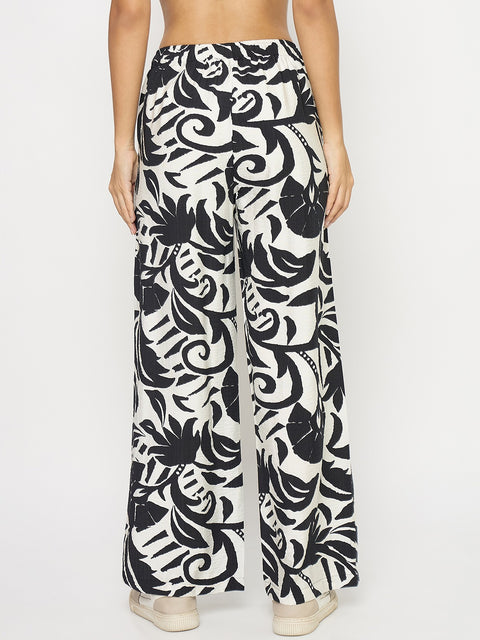 Madame Abstract Print Black Rayon Palazzo Trousers
