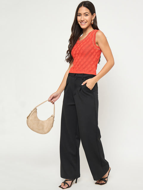 Madame Chain Accented Sleeveless Red Knitted Top