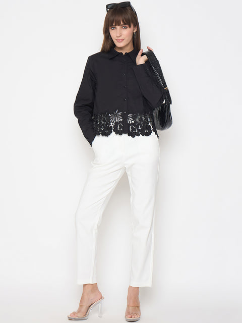 Madame Floral Lace Scalloped Hem Black Shirt