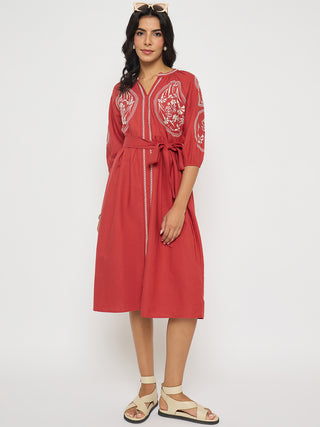 Madame Embroidered Belted A Line Midi Coral Dress