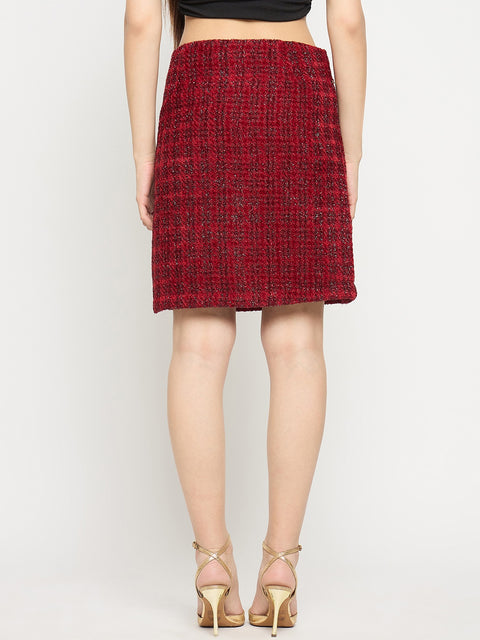 Madame Maroon Textured Tweed Mini Skirt