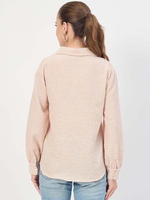 Madame Beige Ruched Sleeve Full Sleeve Shirt