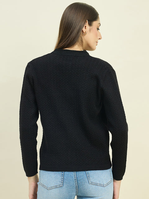 Madame Round Neck Black Knit Cardigan