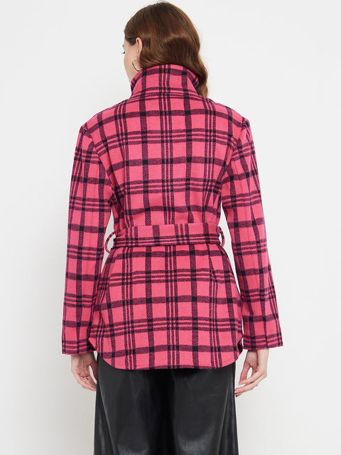 Madame Chequered Stand Collar Hot Pink Shacket