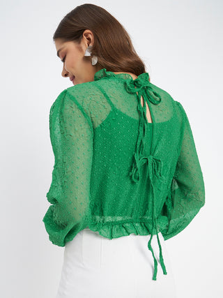 Madame Textured Swiss Dot Detail Green Peplum Top