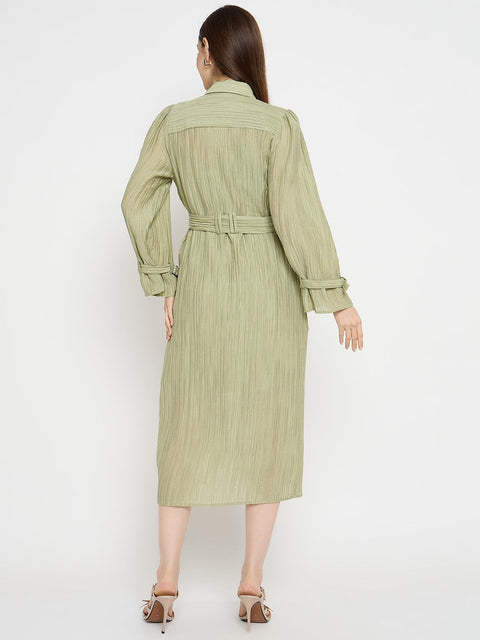 Madame Crushed Tissue Belted Moss Green Shirt Dress