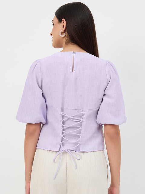 Madame Lilac Crochet Overlay Puff-Sleeve Top