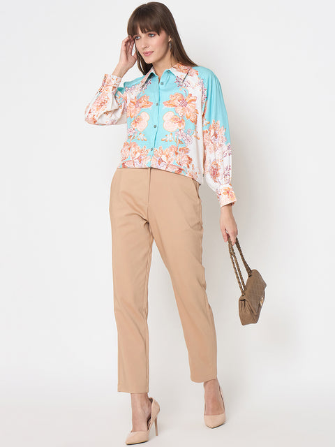 Madame Floral Print Colorblock Blue Shirt
