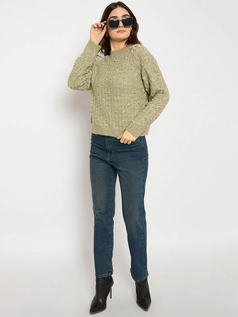 Madame Cable Knit Pearl Embellished Green Sweater