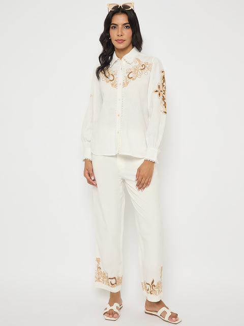 Madame Dori Embroidered White Cotton Blend Co-ord Set