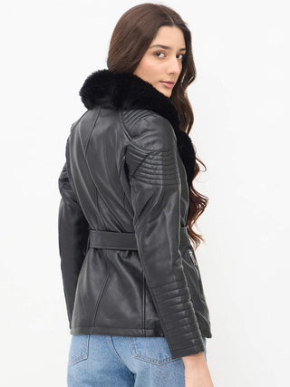 Madame Faux Fur Collar Black PU Leather Jacket