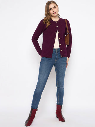 Madame Round Neck Wine Red Nylon Blend Cardigan