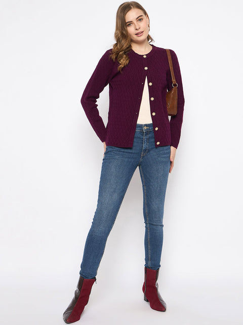 Madame Round Neck Wine Red Nylon Blend Cardigan